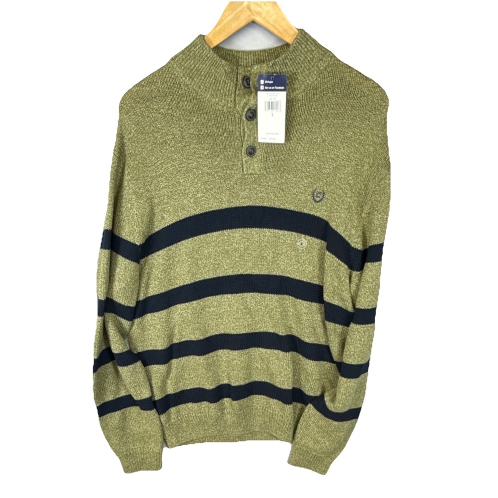 Chaps Sage Navy Mock Neck Striped‎ Button Pullover Sweater Men's Size L, NWT